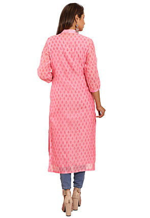 Block Printed Chanderi Silk Straight Kurta in Pink