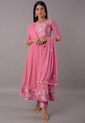 Block Printed Chiffon Georgette Anarkali Suit in Baby Pink