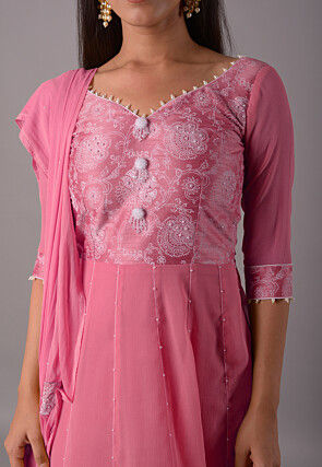 Block Printed Chiffon Anarkali Suit in Baby Pink