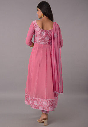 Block Printed Chiffon Anarkali Suit in Baby Pink