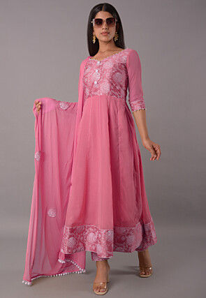 Block Printed Chiffon Anarkali Suit in Baby Pink