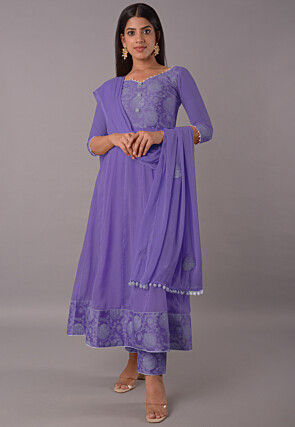 Block Printed Chiffon Georgette Anarkali Suit in Dark Purple
