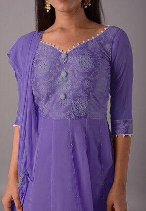 Block Printed Chiffon Georgette Anarkali Suit in Dark Purple