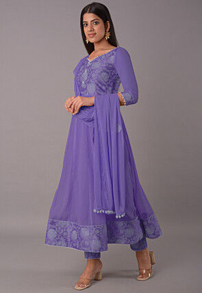 Block Printed Chiffon Georgette Anarkali Suit in Dark Purple
