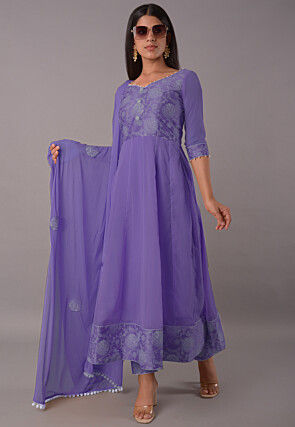 Block Printed Chiffon Georgette Anarkali Suit in Dark Purple