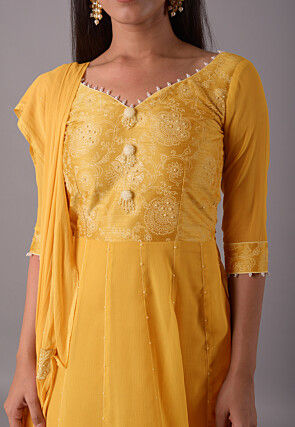 Block Printed Chiffon Anarkali Suit in Mustard