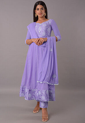 Block Printed Chiffon Georgette Anarkali Suit in Purple