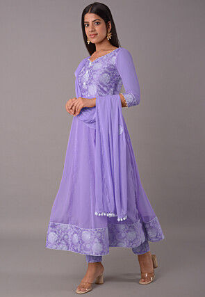 Block Printed Chiffon Anarkali Suit in Purple