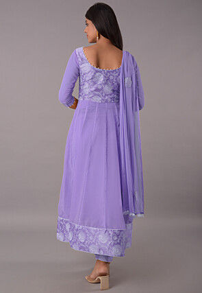 Block Printed Chiffon Anarkali Suit in Purple