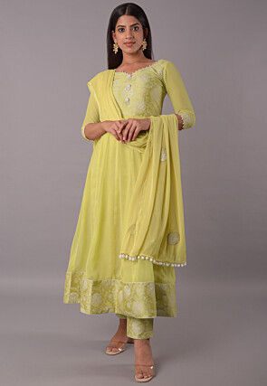 Block Printed Chiffon Anarkali Suit in in Pastel Yellow