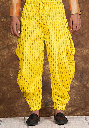 Block Printed Chinon Silk Patiyala in Yellow