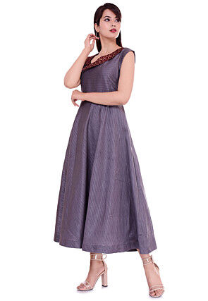 Golden Printed Collar Dupion Silk A Line Dress in Grey