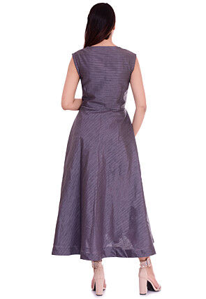 Golden Printed Collar Dupion Silk A Line Dress in Grey