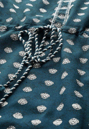 Block Printed Cotton A Line Kurta in Dark Teal Blue