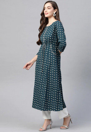 Block Printed Cotton A Line Kurta in Dark Teal Blue