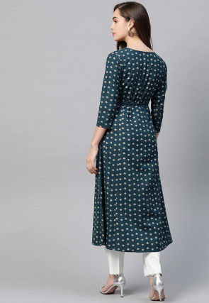 Block Printed Cotton A Line Kurta in Dark Teal Blue