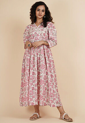 Block Printed Cotton A Line Kurta in Off White and Pink