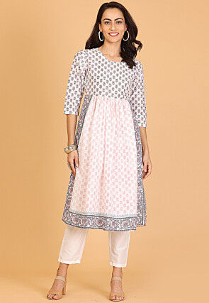 Block Printed Cotton A Line Kurta Set in White