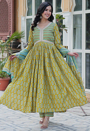 Block Printed Cotton Pakistani Suit in Light Olive Green
