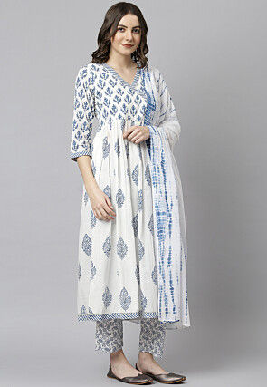 Block Printed Cotton A Line Suit in Off White