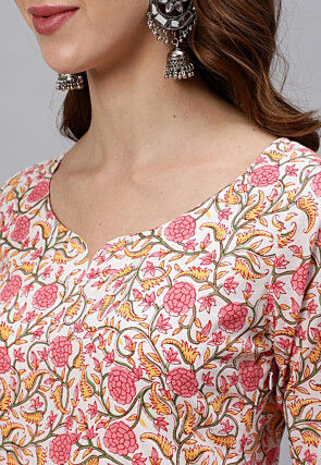 Block Printed Cotton A Line Suit in Off White