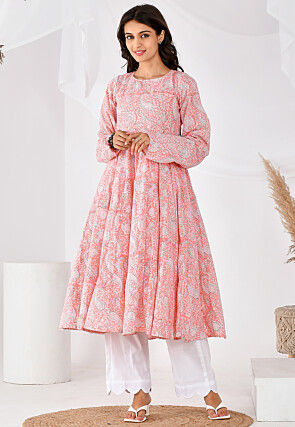 Block Printed Cotton A Line Suit in Pink