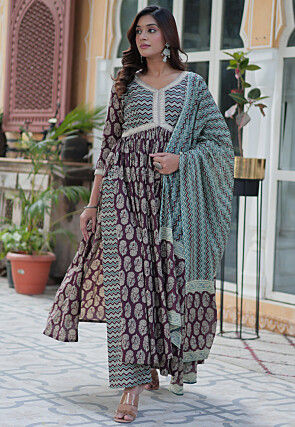 Block Printed Cotton Pakistani Suit in Purple