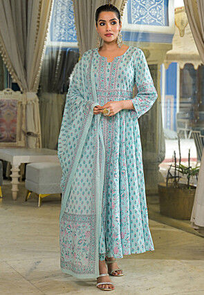 Block Printed Cotton A Line Suit in Sky Blue