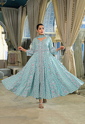 Block Printed Cotton A Line Suit in Sky Blue