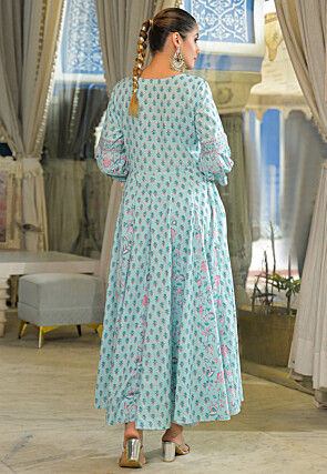 Block Printed Cotton A Line Suit in Sky Blue