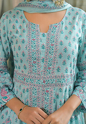 Block Printed Cotton A Line Suit in Sky Blue