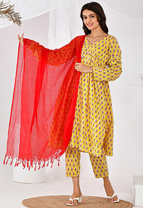 Block Printed Cotton A Line Suit in Yellow