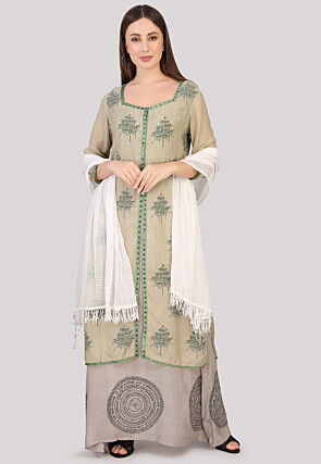 Block Printed Cotton Abaya Style Suit in Dusty Green