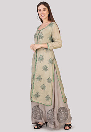 Block Printed Cotton Abaya Style Suit in Dusty Green