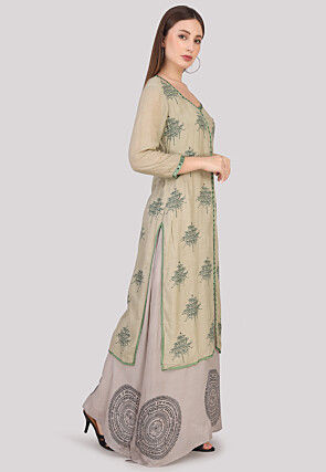 Block Printed Cotton Abaya Style Suit in Dusty Green