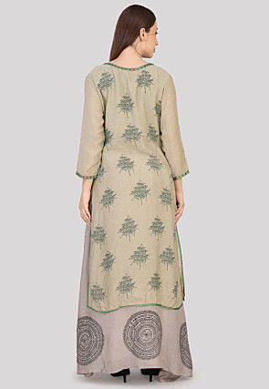 Block Printed Cotton Abaya Style Suit in Dusty Green