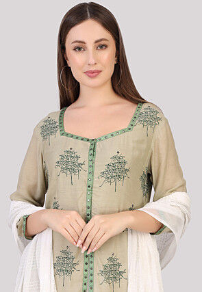 Block Printed Cotton Abaya Style Suit in Dusty Green