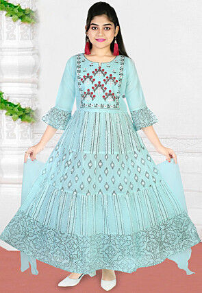 Block Printed Cotton Abaya Style Suit in Light Blue
