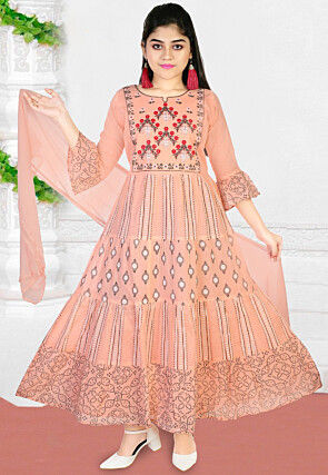 Block Printed Cotton Abaya Style Suit in Peach