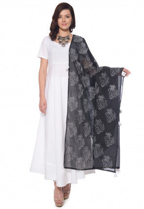 Block Printed Cotton Abaya Style Suit in White