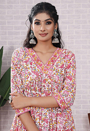 Block Printed Cotton Aline Suit in Off White