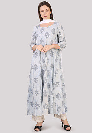 Block Printed Cotton Anarkali Suit in Light Blue