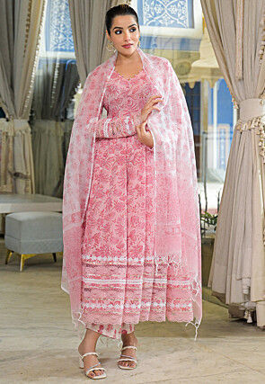 Block Printed Cotton Anarkali Suit in Pink