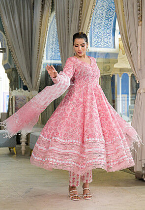 Block Printed Cotton Anarkali Suit in Pink