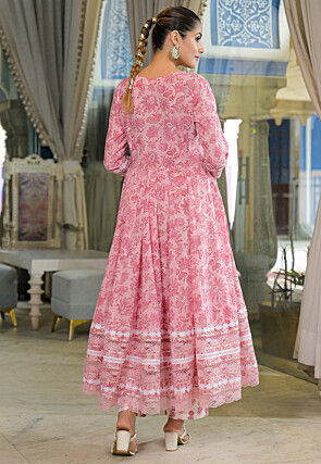 Block Printed Cotton Anarkali Suit in Pink