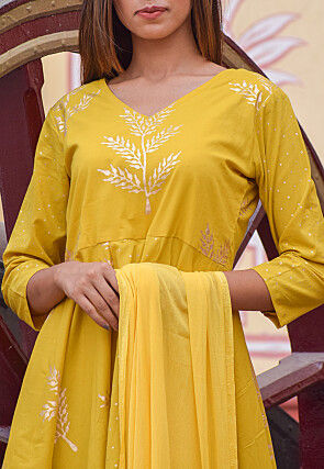 Block Printed Cotton Asymmetric Pakistani Suit in Mustard