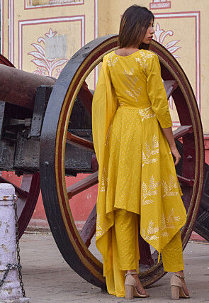 Block Printed Cotton Asymmetric Pakistani Suit in Mustard