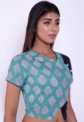 Block Printed Cotton Blouse in Sea Green and Navy Blue