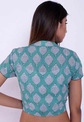 Block Printed Cotton Blouse in Sea Green and Navy Blue