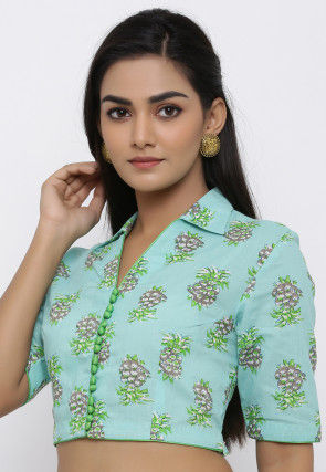 Block Printed Cotton Blouse in Sea Green